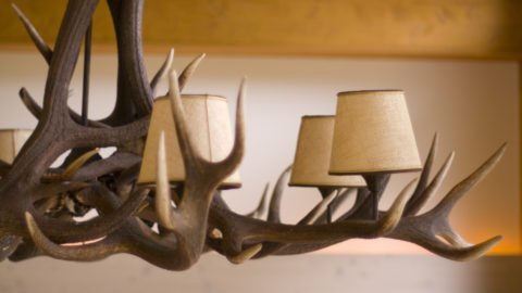Kronleuchter aus Geweih mit Lampenschirmen.