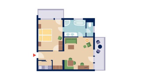 Grundriss einer modernen Wohnung in Farben.