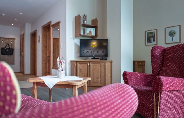 Gemütliches Wohnzimmer mit Fernseher und Möbeln.