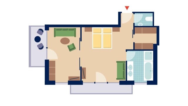 Wohnungsgrundriss mit Möbeln und Badezimmer.