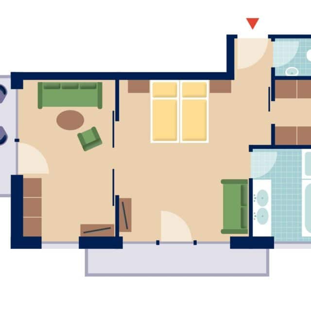 Wohnungsgrundriss mit Möbeln und Badezimmer.