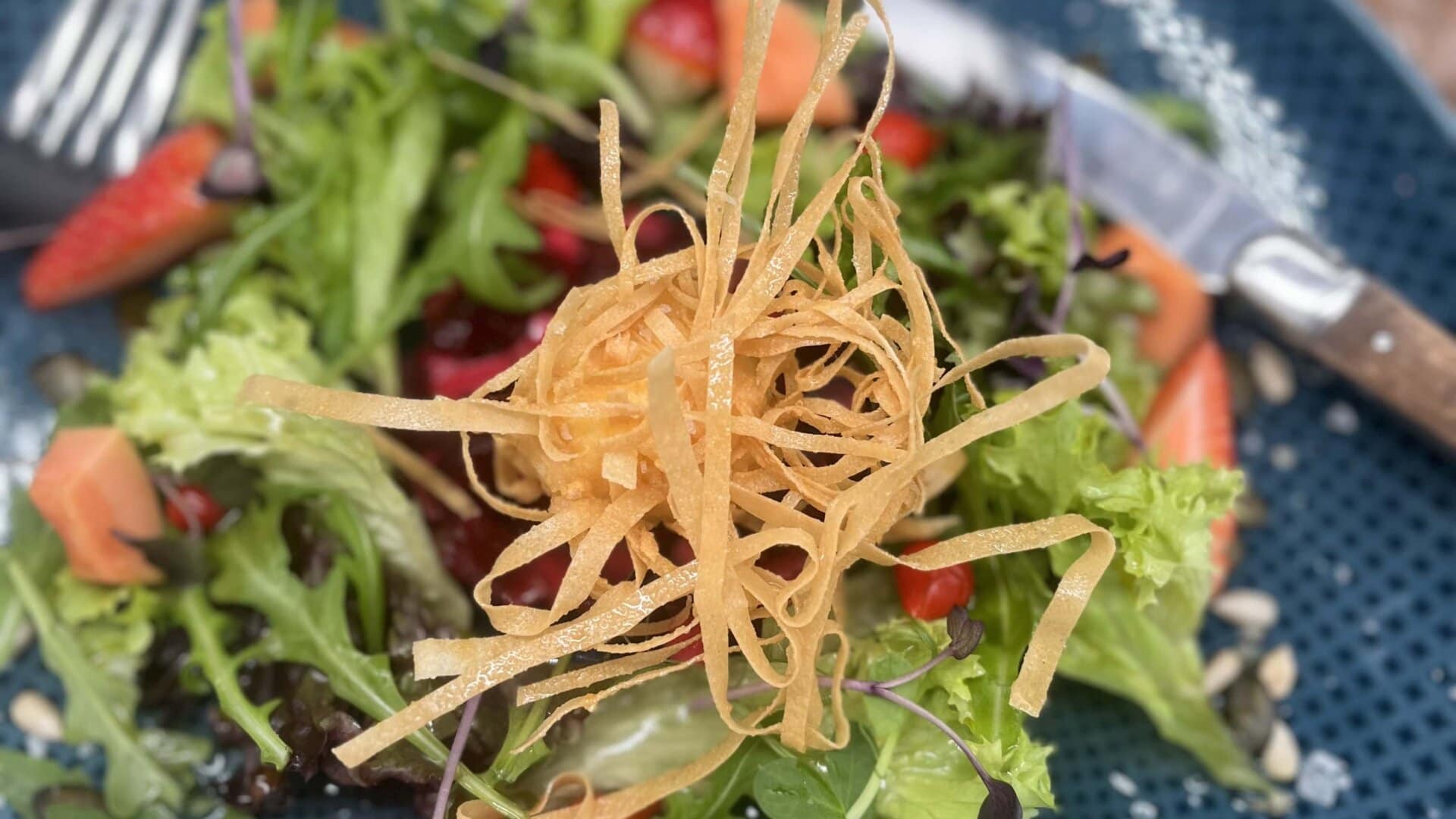 Bunter Salat mit frischen Zutaten und knusprigen Fäden