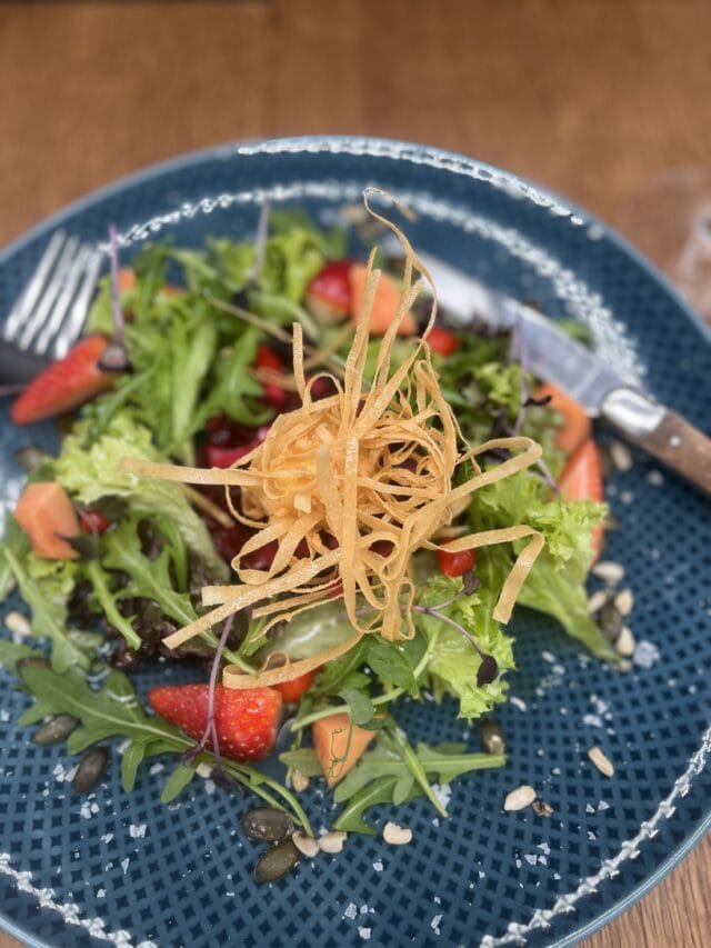 Bunter Salat mit frischen Zutaten und knusprigen Fäden